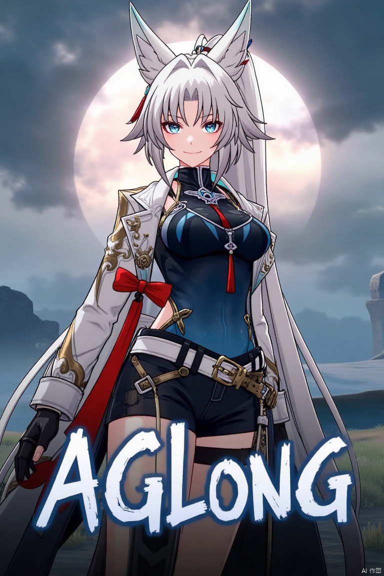 A cinematic movie poster featuring a solo 1girl with long white hair in a ponytail, bangs, and animal ears. She has blue eyes, a smile looking at the viewer, wearing black gloves, shorts, a belt with a thigh strap and tassel, a jacket and coat draped over her shoulders. She is holding something, posed dynamically against a dramatic, stylized background with cinematic lighting. Below her, centered, is bold three-dimensional text reading AGlong, matching the poster's theme.