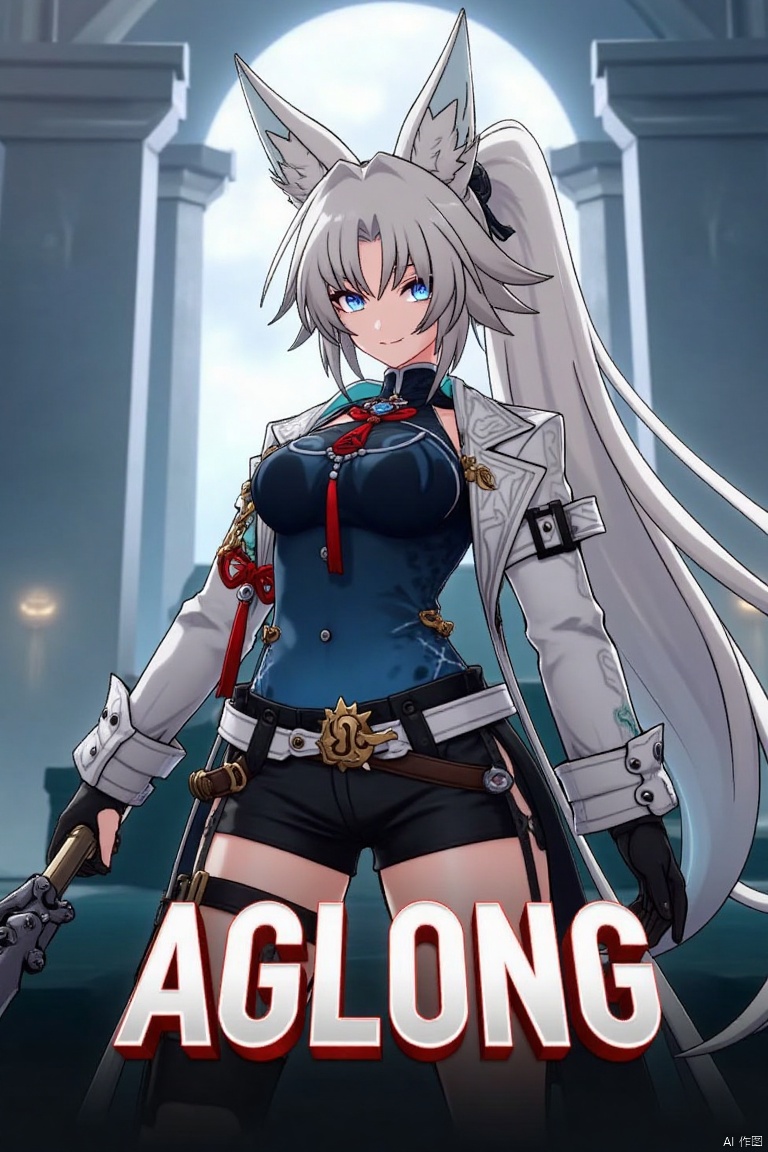 A cinematic movie poster featuring a solo 1girl with long white hair in a ponytail, bangs, and animal ears. She has blue eyes, a smile looking at the viewer, wearing black gloves, shorts, a belt with a thigh strap and tassel, a jacket and coat draped over her shoulders. She is holding something, posed dynamically against a dramatic, stylized background with cinematic lighting. Below her, centered, is bold three-dimensional text reading AGlong, matching the poster's theme.