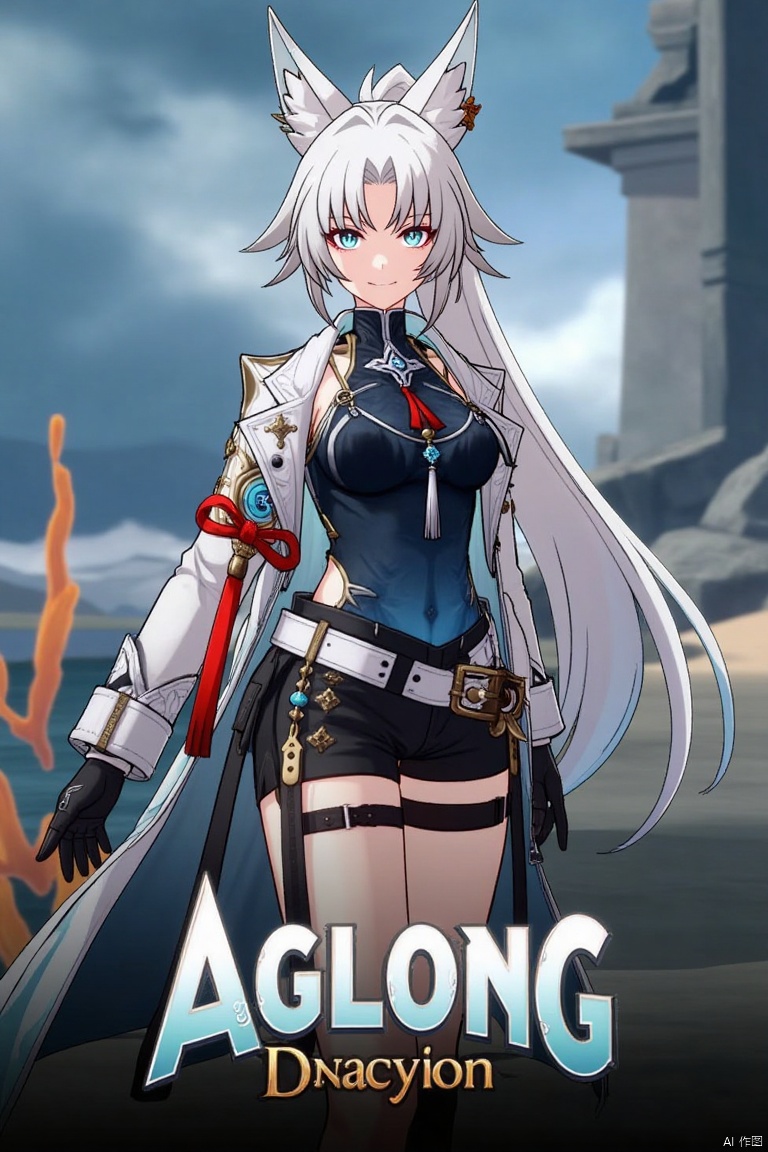 A movie poster featuring a solo 1girl with long white hair tied in a ponytail, bangs, and animal ears. She has blue eyes, a smile looking at the viewer, wearing black gloves, shorts, a belt with a thigh strap and tassel, a jacket and coat draped over her shoulders. She is holding something, with a dynamic pose in a stylized setting. The background is cinematic with dramatic lighting. Below her, centered, is three-dimensional text reading AGlong in bold, matching the poster's theme.