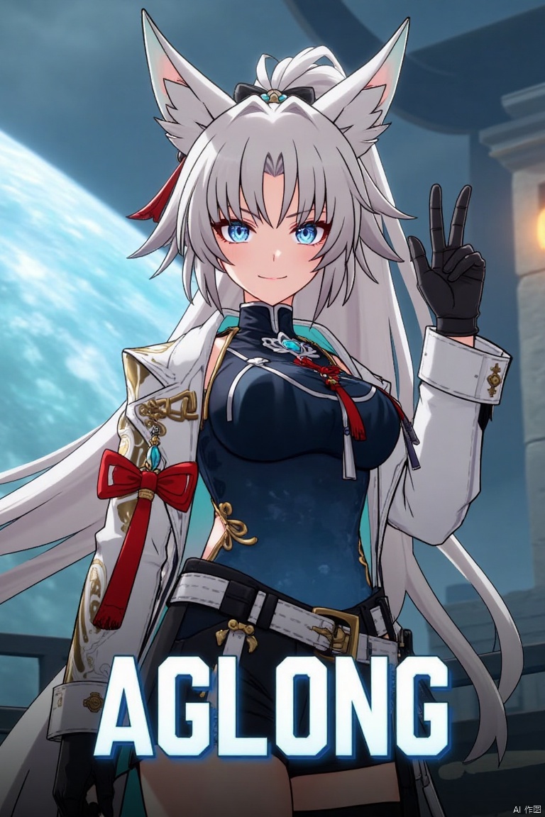A movie poster featuring a solo 1girl with long white hair tied in a ponytail, bangs, and animal ears. She has blue eyes, a smile looking at the viewer, wearing black gloves, shorts, a belt with a thigh strap and tassel, a jacket and coat draped over her shoulders. She is holding something, with a dynamic pose in a stylized setting. The background is cinematic with dramatic lighting. Below her, centered, is three-dimensional text reading AGlong in bold, matching the poster's theme.