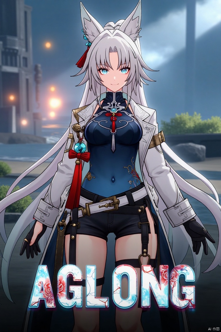 A movie poster featuring a solo 1girl with long white hair tied in a ponytail, bangs, and animal ears. She has blue eyes, a smile looking at the viewer, wearing black gloves, shorts, a belt with a thigh strap and tassel, a jacket and coat draped over her shoulders. She is holding something, with a dynamic pose in a stylized setting. The background is cinematic with dramatic lighting. Below her, centered, is three-dimensional text reading AGlong in bold, matching the poster's theme.