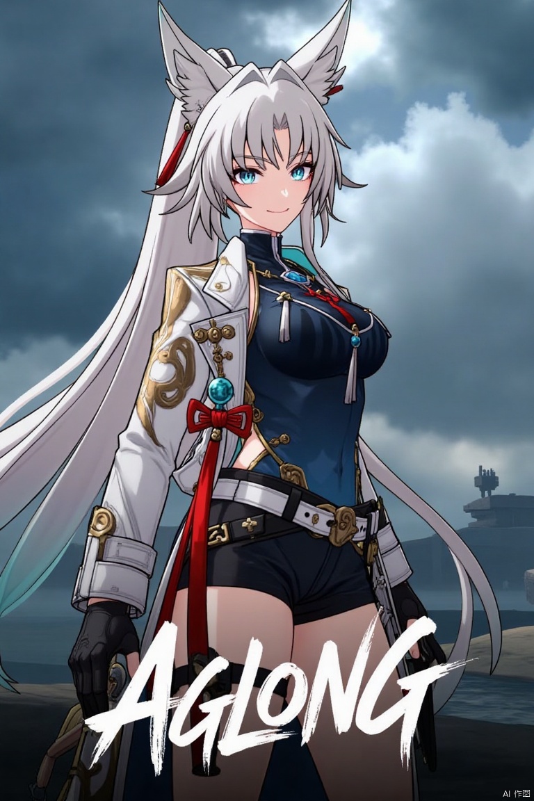 A cinematic movie poster featuring a solo 1girl with long white hair in a ponytail, bangs, and animal ears. She has blue eyes, a smile looking at the viewer, wearing black gloves, shorts, a belt with a thigh strap and tassel, a jacket and coat draped over her shoulders. She is holding something, posed dynamically against a dramatic, stylized background with cinematic lighting. Below her, centered, is bold three-dimensional text reading AGlong, matching the poster's theme.