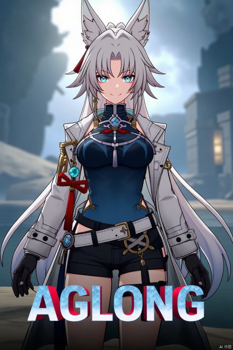 A cinematic movie poster featuring a solo 1girl with long white hair in a ponytail, bangs, and animal ears. She has blue eyes, a smile looking at the viewer, wearing black gloves, shorts, a belt with a thigh strap and tassel, a jacket and coat draped over her shoulders. She is holding something, posed dynamically against a dramatic, stylized background with cinematic lighting. Below her, centered, is bold three-dimensional text reading AGlong, matching the poster's theme.