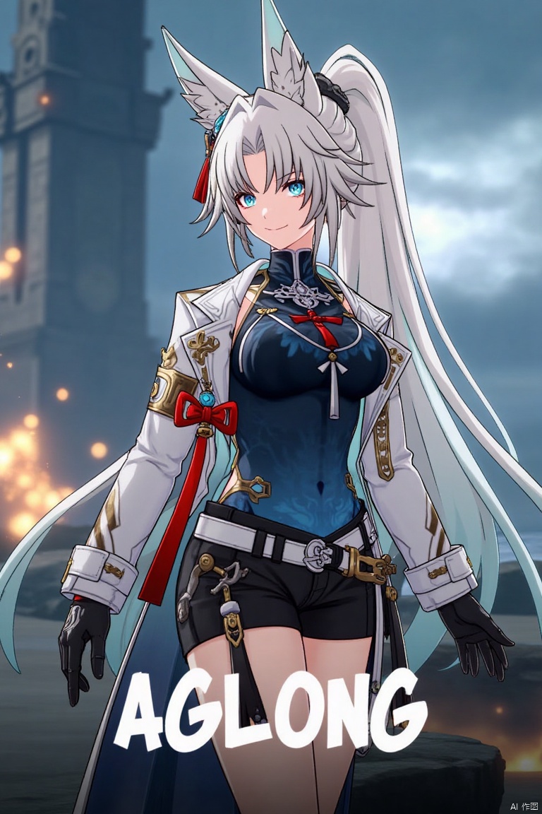 A movie poster featuring a solo 1girl with long white hair tied in a ponytail, bangs, and animal ears. She has blue eyes, a smile looking at the viewer, wearing black gloves, shorts, a belt with a thigh strap and tassel, a jacket and coat draped over her shoulders. She is holding something, with a dynamic pose in a stylized setting. The background is cinematic with dramatic lighting. Below her, centered, is three-dimensional text reading AGlong in bold, matching the poster's theme.
