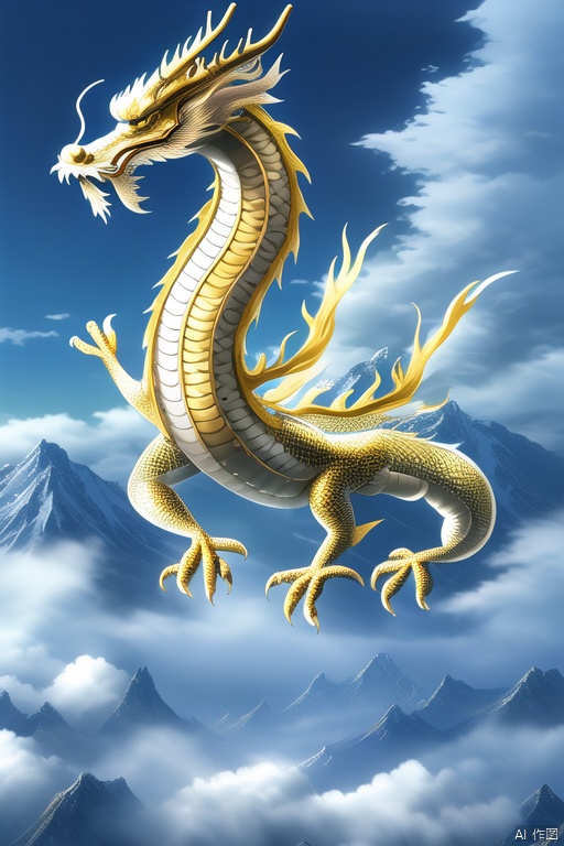 A majestic Chinese dragon soaring through a bright blue sky, its long, serpentine body adorned with intricate, golden patterns and shimmering scales. The dragon's head is slightly turned, looking down at the viewer with piercing, intelligent eyes. Below, fluffy white clouds drift lazily, and towering mountains rise in the distance, their peaks covered in a light dusting of snow. The lighting is natural and sunny, casting a warm glow over the scene. The composition is dynamic, with the dragon's wings spread wide, creating a sense of motion and power. The overall atmosphere is one of awe and wonder, capturing the essence of a mythical, celestial being.