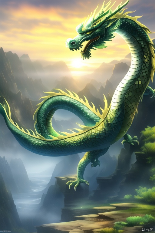 A majestic dragon resting on a rocky cliff, its scales shimmering with an iridescent green and gold hue under the soft, warm light of a setting sun. The dragon's long, sinuous body is coiled around the cliff, with its head resting on its front paws, gazing out over a vast, misty valley below. The background features distant mountains, a winding river, and a sky painted with hues of orange and purple. The lighting is soft and golden, casting gentle shadows on the dragon's scales. The composition is serene, with the dragon's pose calm and contemplative, emphasizing its regal and powerful presence.