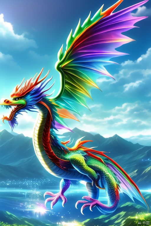 A vibrant, multi-colored flying dragon with scales in shades of red, orange, yellow, green, blue, indigo, and violet, shimmering in the sunlight. The dragon is mid-flight, its wings spread wide, creating a dynamic and majestic pose. The background is a clear, bright sky with a few wispy clouds, enhancing the vivid colors of the dragon. The lighting is natural and warm, highlighting the dragon's iridescent scales. The composition is centered, with the dragon's head slightly turned towards the viewer, its eyes glowing with a mystical light. The scene is set in a fantastical, ethereal landscape with distant mountains and a sparkling river.