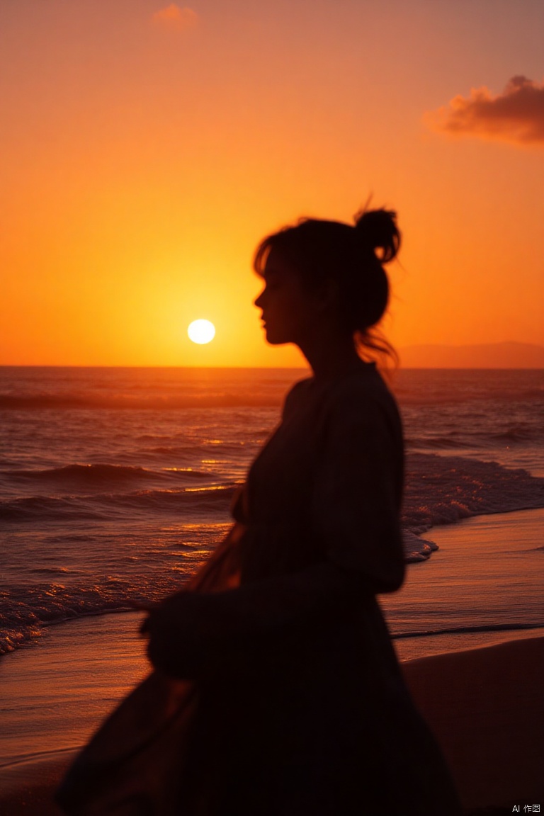 xiyang,IMG_1045,masterpiece,best quality, high quality,8k,highres,
a silhouette of a woman stands on a beach, facing the ocean. The woman's shadow is cast on her body, adding a touch of color to the scene. The sky is a vibrant orange, with a few wispy clouds in the upper right corner of the frame. The sun is setting in the distance, casting a warm glow over the water. The water is a dark blue, with small ripples in it.

