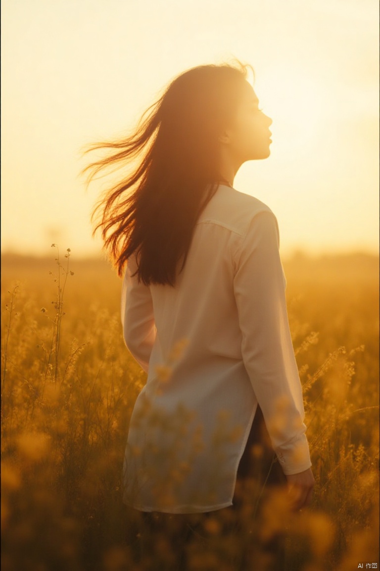 xiyang,IMG_1045,masterpiece,best quality, high quality,8k,highres,
a woman with long dark hair is standing in a field of tall, yellow grass. She is wearing a long-sleeved white shirt and dark bottoms. The woman's hair is blowing in the wind, adding a touch of warmth to the scene. The sun is setting in the background, creating a golden hue to the image.

