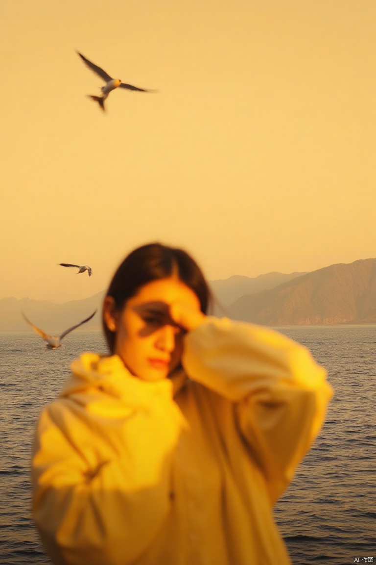 xiyang,IMG_1045,masterpiece,best quality, high quality,8k,highres,
Captured at eye-level, a close-up view of a woman in a yellow jacket is seen in front of a body of water. The woman's shadow is cast on her face, adding a pop of color to the scene. In the background, a seagull is flying in the air, its wings spread wide, while its tail is spread wide. The sea is calm, with small ripples all over it. The sky is a muted yellow, with a mountain range in the background.

