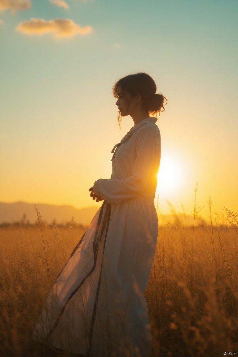 xiyang,IMG_1045,masterpiece,best quality, high quality,8k,highres,
a woman stands in a field of tall grass, her hair cascades in a bun, her dress adorned with a long sleeved white shirt and a long skirt. The woman's dress is adorned with stripes, adding a touch of color to the scene. The sun is setting in the background, creating a vibrant contrast to the golden grass. The sky is a muted blue, with a few wispy clouds in the upper left corner of the frame.

