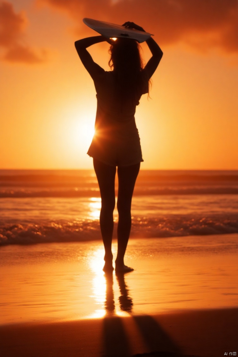 xiyang,IMG_1045,masterpiece,best quality, high quality,8k,highres,
a silhouette of a woman stands on a beach, her back to the viewer. She is wearing a short-sleeved shirt and shorts, her hair cascades in a ponytail, and she is holding a surfboard above her head. The woman's shadow is cast on the beach, adding a touch of color to the scene. The sun is setting, creating a warm glow on the sand beneath her. The sky is a deep orange, with a few wispy clouds in the distance.

