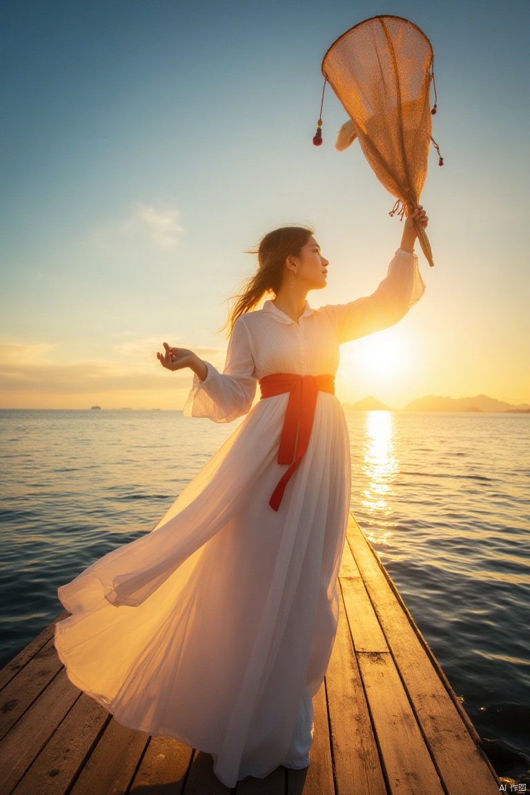 xiyang,IMG_1045,masterpiece,best quality, high quality,8k,highres,
a woman dressed in a long white dress, adorned with a red belt, stands on a wooden pier that overlooks a body of water. The woman's head is turned to the left, her hair cascading in a ponytail, and she is holding a net in her right hand. The net is held up in the air, adding a touch of warmth to the scene. The sky is a deep blue, with a few wispy clouds, and the sun is shining, creating a brilliant orange hue.



