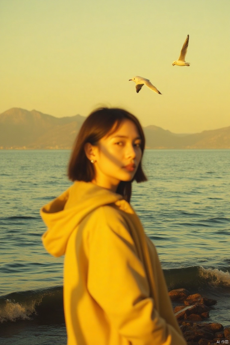 xiyang,IMG_1045,masterpiece,best quality, high quality,8k,highres,
Captured at eye-level, a close-up view of a woman in a yellow jacket is seen in front of a body of water. The woman's shadow is cast on her face, adding a pop of color to the scene. In the background, a seagull is flying in the air, its wings spread wide, while its tail is spread wide. The sea is calm, with small ripples all over it. The sky is a muted yellow, with a mountain range in the background.

