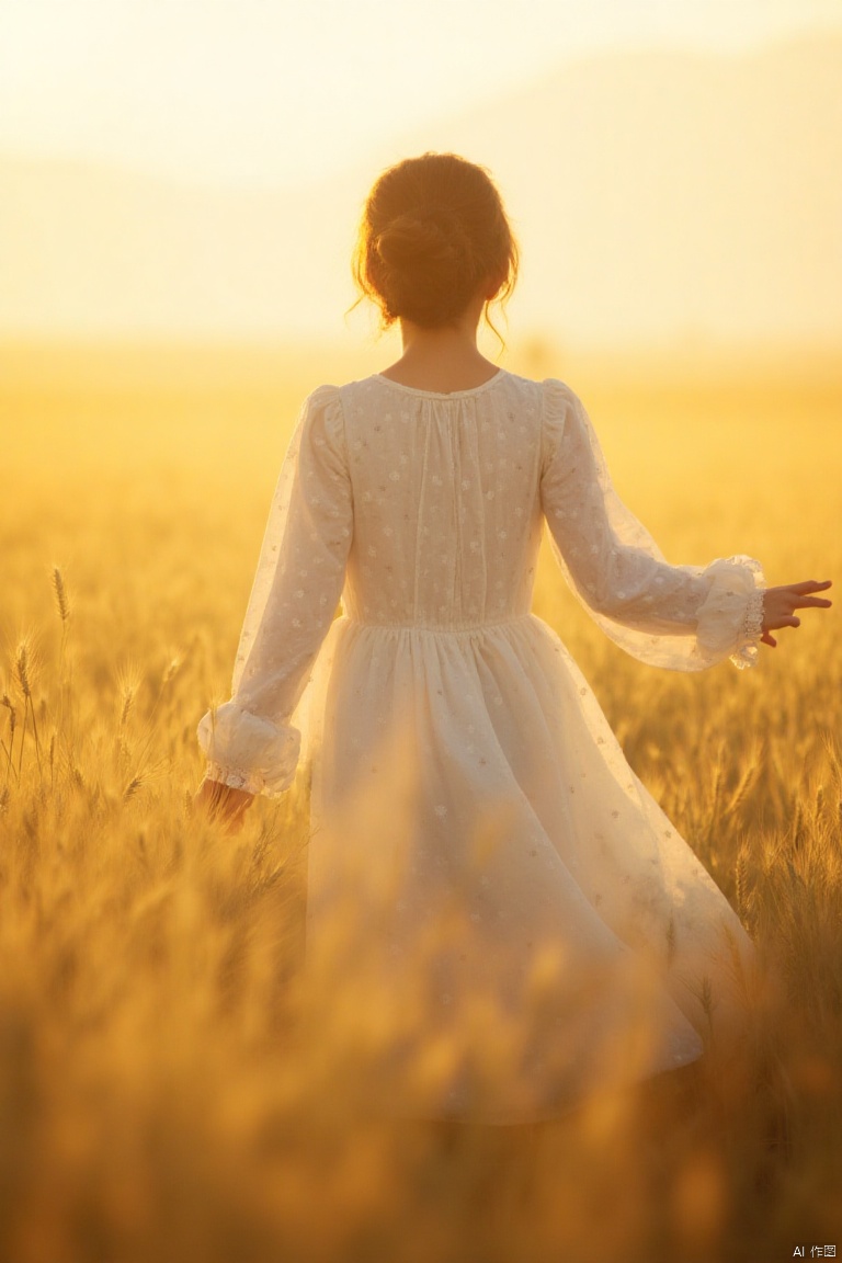 xiyang,IMG_1045,masterpiece,best quality, high quality,8k,highres,
a young girl stands in a field of wheat, her hair cascades in a bun. She is dressed in a white long-sleeved dress adorned with white polka dots. Her arms are stretched out to her sides, adding a touch of movement to the scene. The field she is standing in is adorned with tall, yellow wheat stalks, and the sun is setting in the distance.
