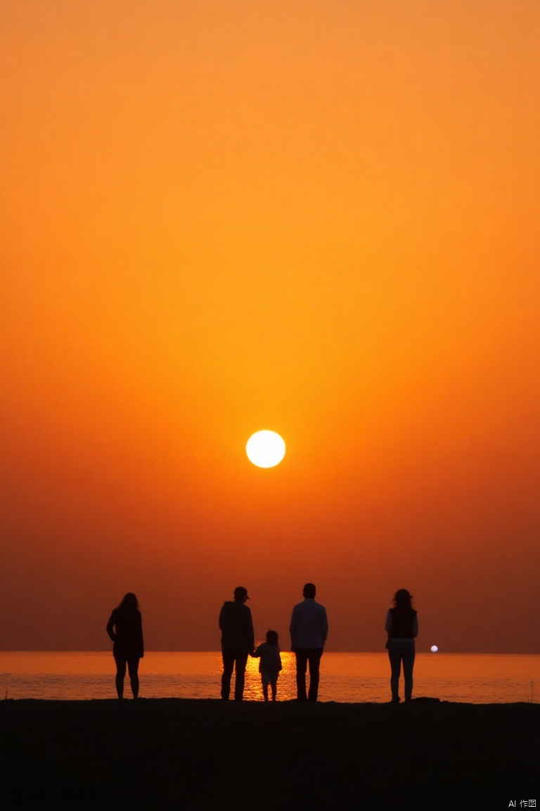 xiyang,IMG_1045,masterpiece,best quality, high quality,8k,highres,
a group of people are standing on a beach, facing a body of water. The sun is setting, casting a golden hue on the horizon. The water is calm, creating a peaceful and serene scene. The people are silhouetted against the orange sky, adding a touch of color to the scene. In the bottom right corner of the frame, a small white dot can be seen.


