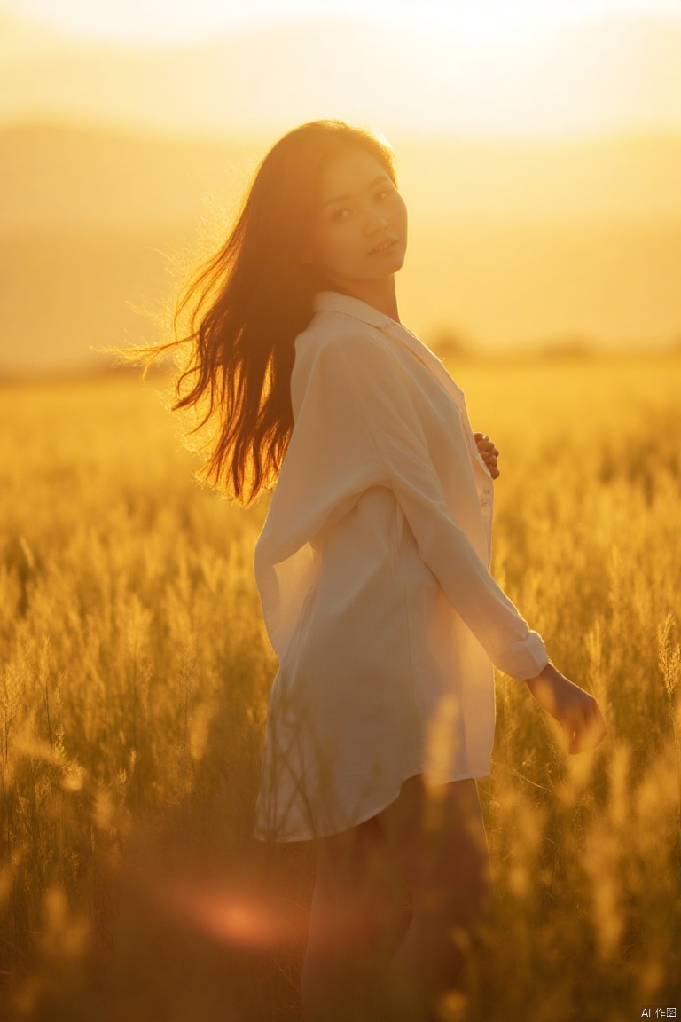 xiyang,IMG_1045,masterpiece,best quality, high quality,8k,highres,
a woman with long dark hair is standing in a field of tall, yellow grass. She is wearing a long-sleeved white shirt and dark bottoms. The woman's hair is blowing in the wind, adding a touch of warmth to the scene. The sun is setting in the background, creating a golden hue to the image.

