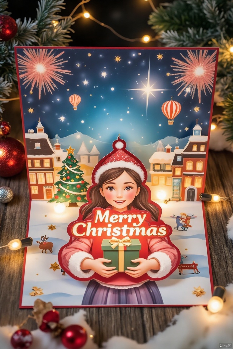 Christmas card border, photo of a girl holding a gift.  Crazy Christmas, shiny letters Merry Christmas in red, hot air balloons in the sky, warm town, cheerful atmosphere, fireworks background,Cardboard art engraving