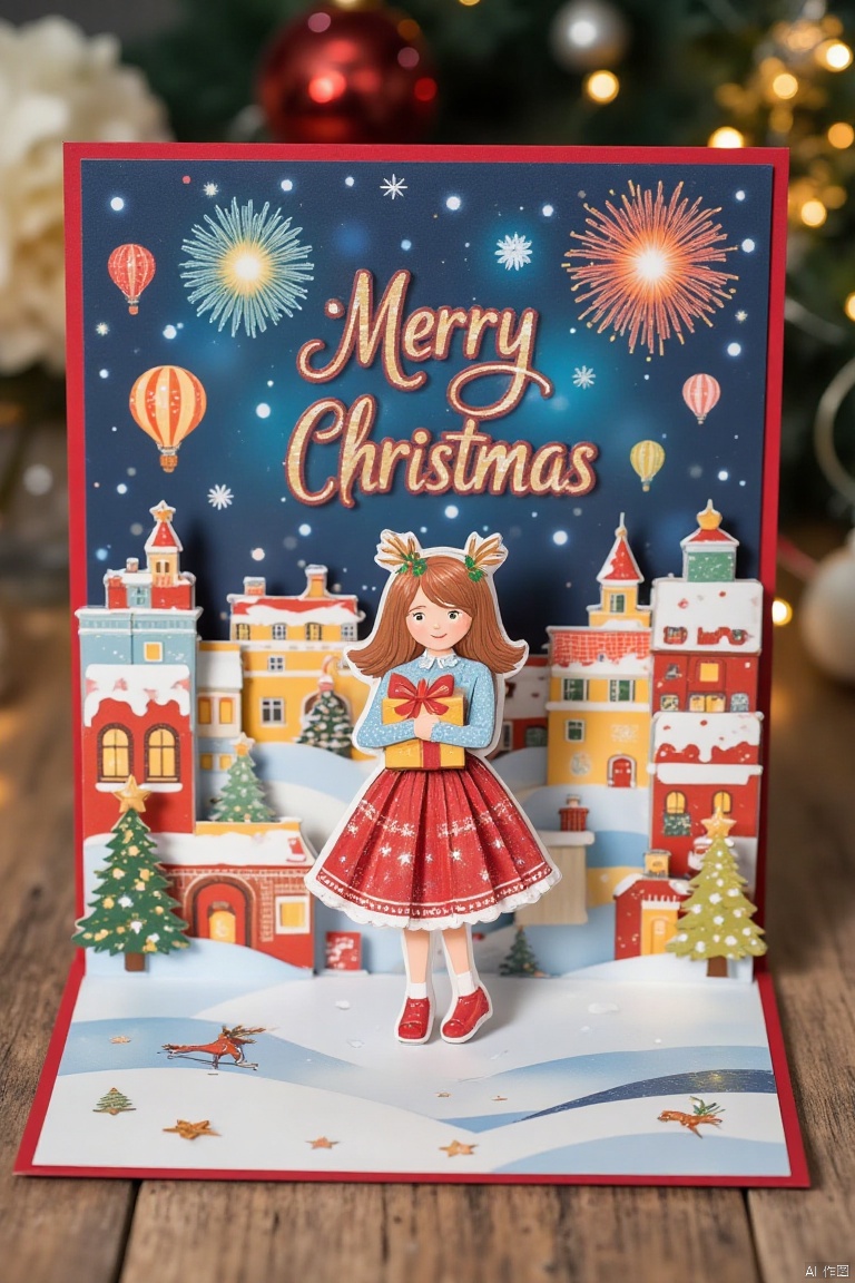 Christmas card border, photo of a girl holding a gift.  Crazy Christmas, shiny letters Merry Christmas in red, hot air balloons in the sky, warm town, cheerful atmosphere, fireworks background,Cardboard art engraving