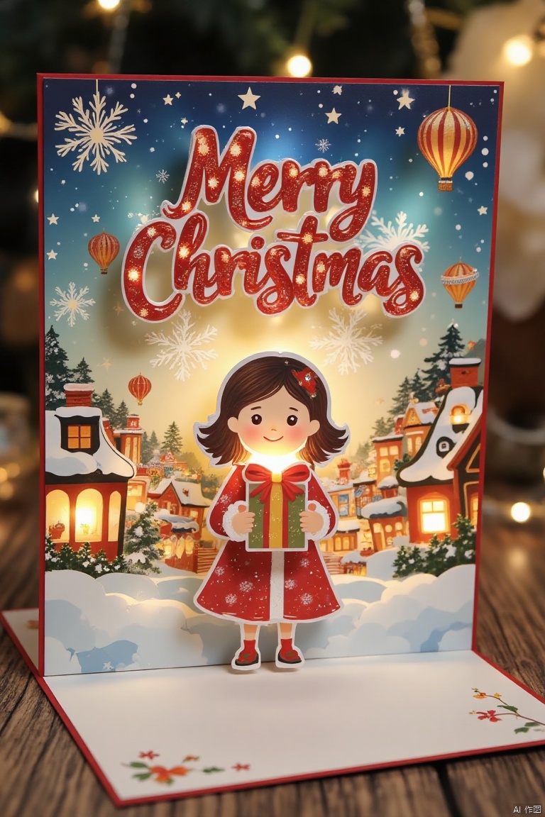 Christmas card border, photo of a girl holding a gift.  Crazy Christmas, shiny letters Merry Christmas in red, hot air balloons in the sky, warm town, cheerful atmosphere, fireworks background,Cardboard art engraving