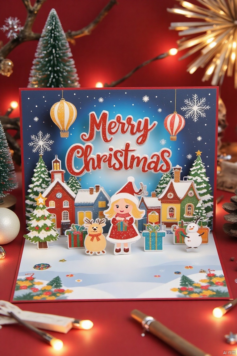 Christmas card border, photo of a girl holding a gift.  Crazy Christmas, shiny letters Merry Christmas in red, hot air balloons in the sky, warm town, cheerful atmosphere, fireworks background,Cardboard art engraving