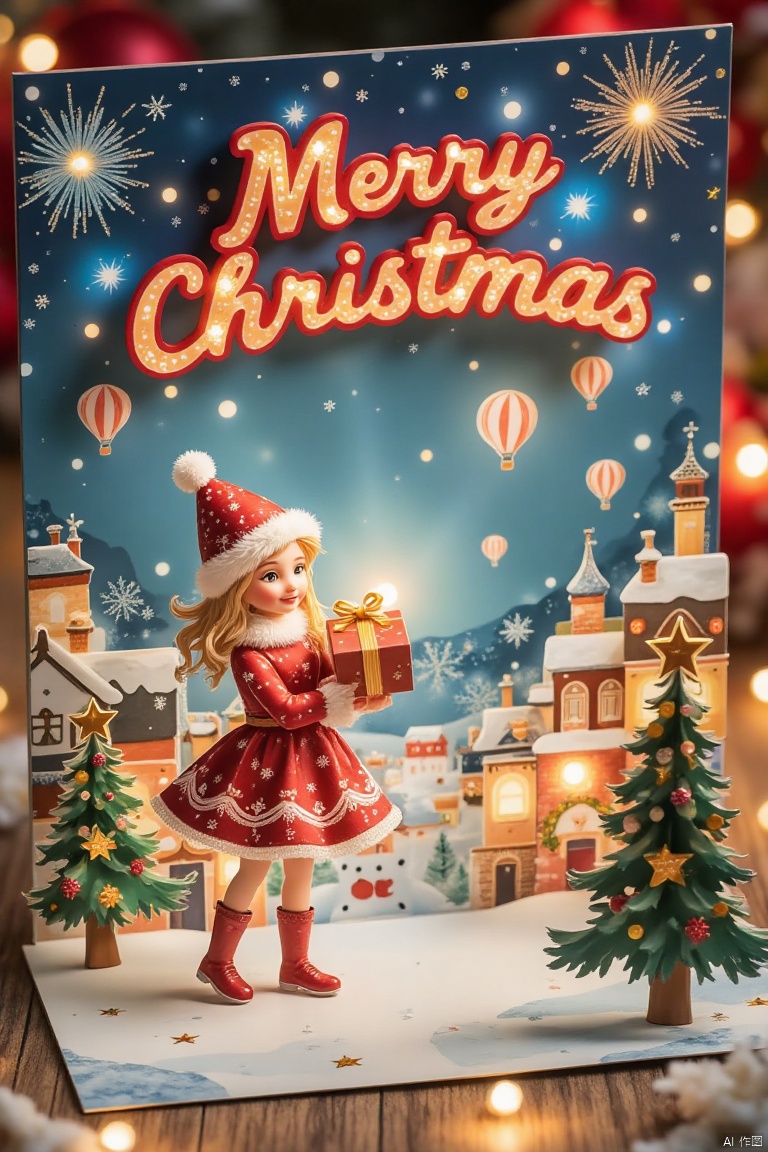Christmas card border, photo of a girl holding a gift.  Crazy Christmas, shiny letters Merry Christmas in red, hot air balloons in the sky, warm town, cheerful atmosphere, fireworks background,Cardboard art engraving
