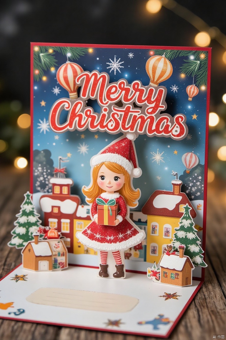 Christmas card border, photo of a girl holding a gift.  Crazy Christmas, shiny letters Merry Christmas in red, hot air balloons in the sky, warm town, cheerful atmosphere, fireworks background,Cardboard art engraving