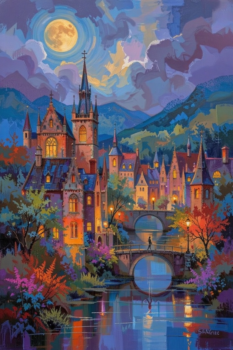 The image depicts a picturesque,  fantasy-style town with tall,  gothic-style buildings lining a serene river. The buildin...
