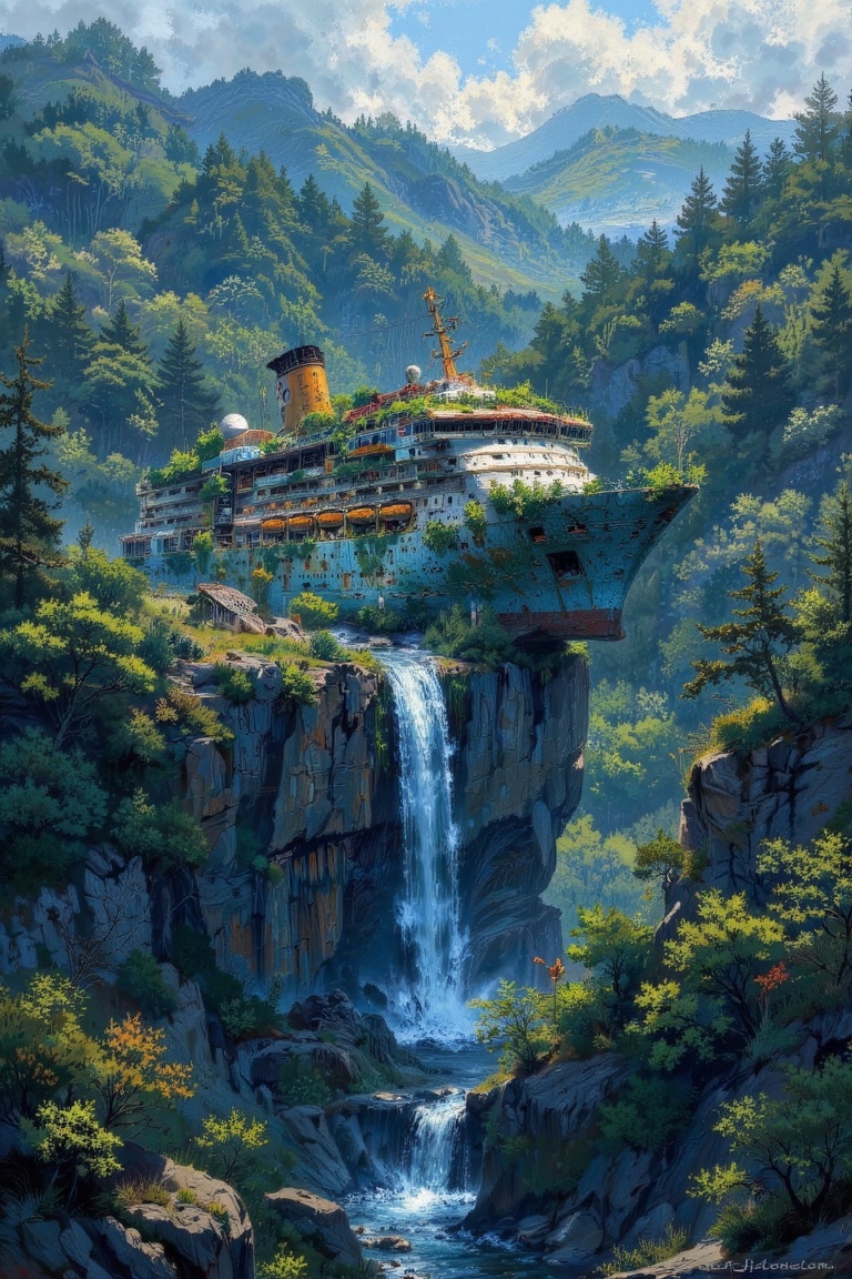 a Dystopian and imaginative scene featuring a massive,  abandoned cruise ship perched precariously on a rocky cliff amidst...