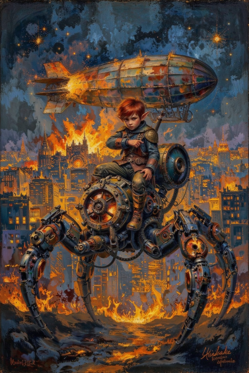 Ink and oil hybrid painting with dynamic brushwork and glowing effects. A red-haired elven boy in tattered aviator garb cl...