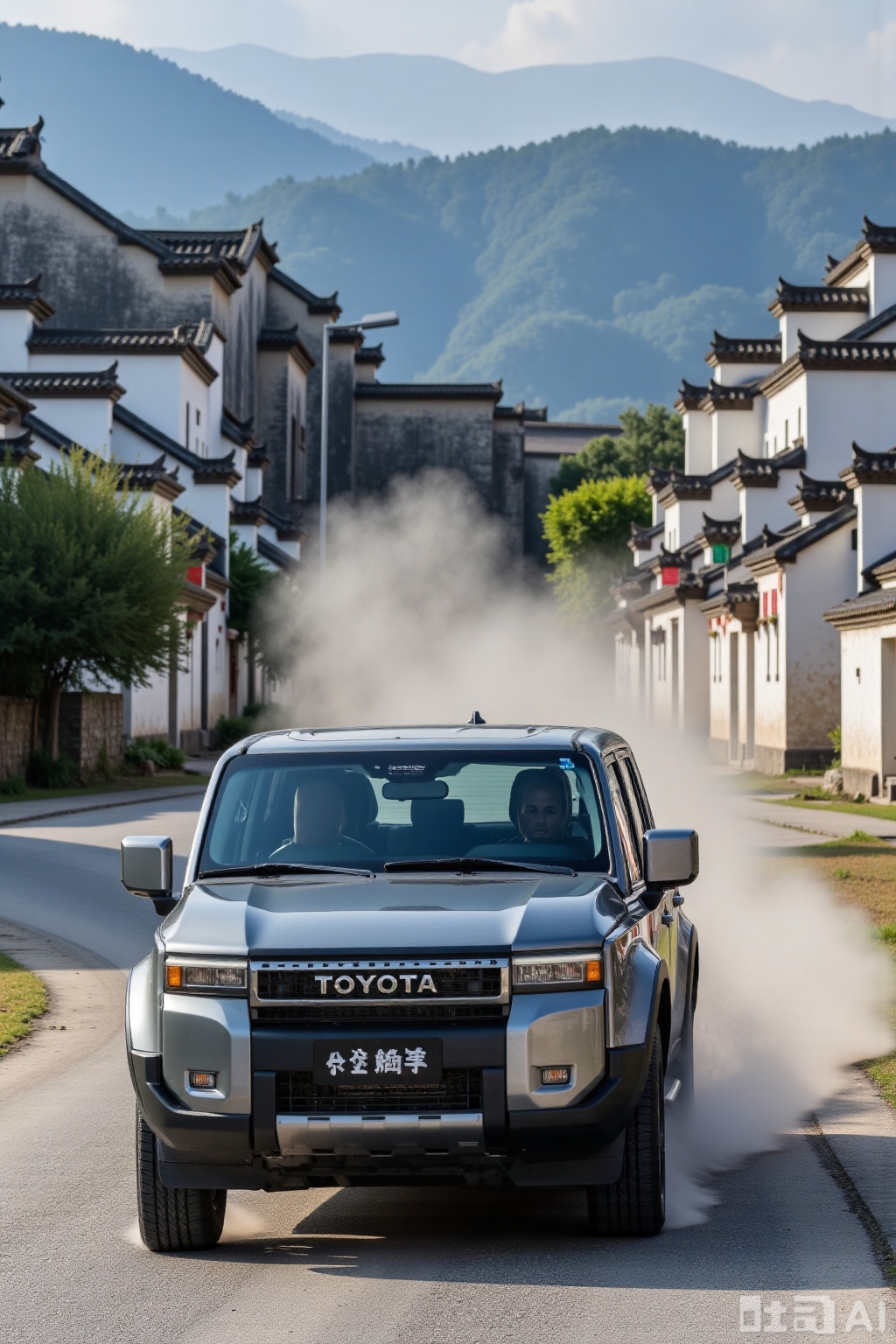 real photo,puladuo,1car,real photo,The front of the vehicle is written with "toyota",In the picture, a car is speeding along the road surrounded by Huizhou - style buildings. The buildings with white walls and black tiles are arranged in an orderly manner. Their upturned eaves are simple and elegant, forming a delightful contrast with the green mountains and clear waters beside the road. The car has a smooth streamline, and its body reflects a soft luster under the sunlight. The raised dust and the swaying plants by the road add to the realism of the picture, making people feel as if they are on the scene experiencing this scene where tradition and modernity are intertwined.,4K,masterpiece,Huizhou architecture