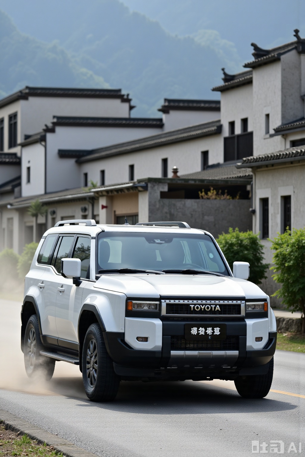 real photo,puladuo2025,puladuo,1car,real photo,The front of the vehicle is written with "toyota",In the picture, a car is speeding along the road surrounded by Huizhou - style buildings. The buildings with white walls and black tiles are arranged in an orderly manner. Their upturned eaves are simple and elegant, forming a delightful contrast with the green mountains and clear waters beside the road. The car has a smooth streamline, and its body reflects a soft luster under the sunlight. The raised dust and the swaying plants by the road add to the realism of the picture, making people feel as if they are on the scene experiencing this scene where tradition and modernity are intertwined.,4K,masterpiece,Huizhou architecture