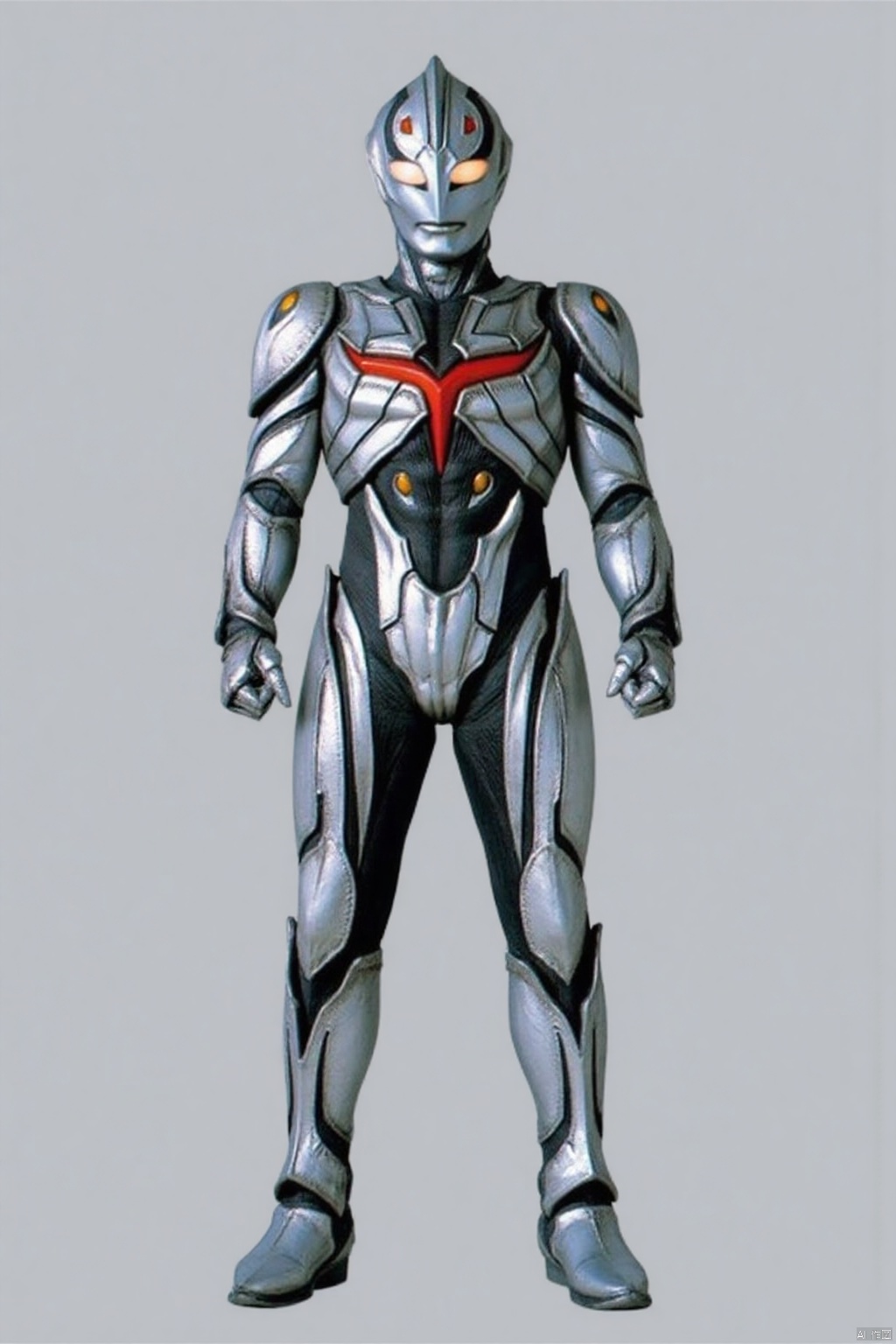 (grey background:1.2),(SOLO:1.4),outline,simple background,(((,standing,looking at viewer,arms at side))),,ultraman,bodysuit,gloves,legwear,boots,cover,mask,plugsuit,armor,bodysuit,red pattern on body,tight-fitting,helmet,leather suit,latex,tokusatsu,no humans,science fiction,hard mask,no smile,no eyes,no nose,solo,rubber bodysuit with red line,alien,yellow_eyes