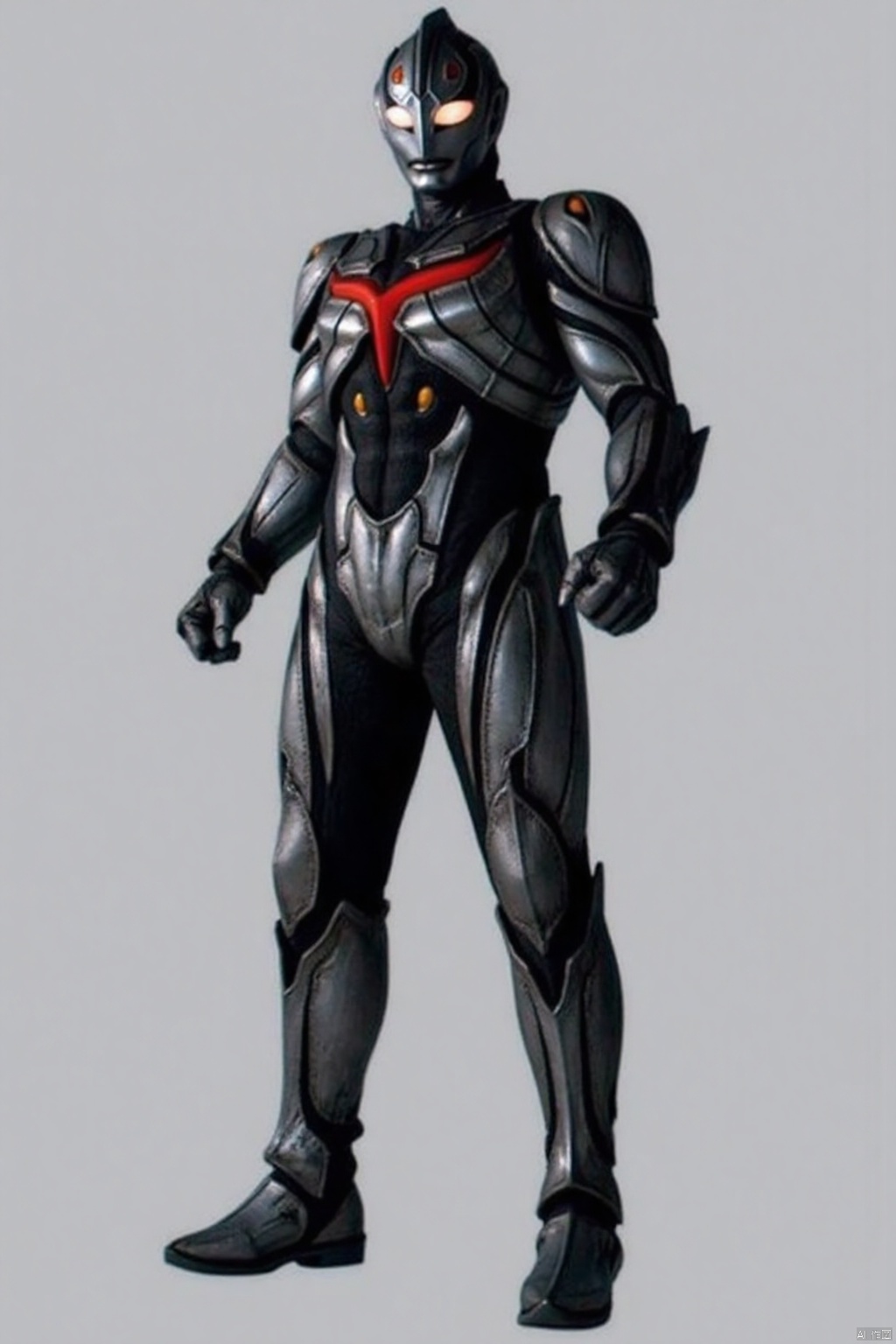 (grey background:1.2),(SOLO:1.4),outline,simple background,(((,standing,looking at viewer,arms at side))),dark_zagi,ultraman,alien,black bodysuit,black gloves,legwear,gloves,boots,cover,mask,plugsuit,armor,bodysuit,black tight-fitting,black footwear,helmet,leather suit,latex,tokusatsu,no humans,science fiction,hard mask,no smile,no eyes,no nose,solo,black rubber bodysuit with red line,black head,red eyes,red pattern on body