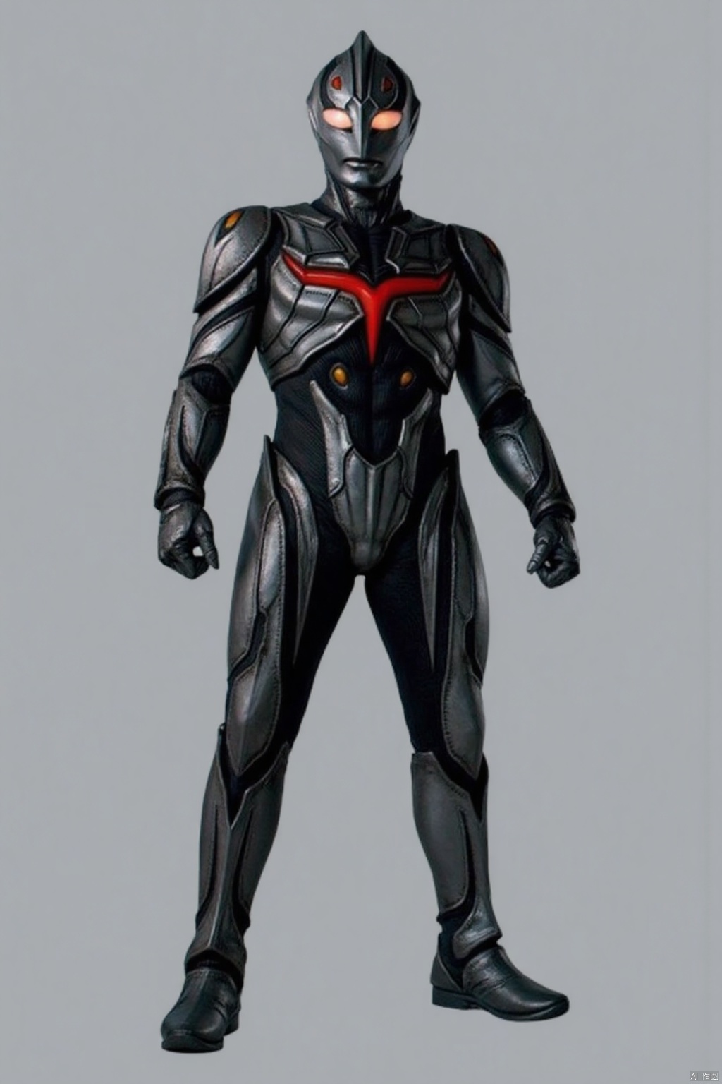 (grey background:1.2),(SOLO:1.4),outline,simple background,(((,standing,looking at viewer,arms at side))),dark_zagi,ultraman,alien,black bodysuit,black gloves,legwear,gloves,boots,cover,mask,plugsuit,armor,bodysuit,black tight-fitting,black footwear,helmet,leather suit,latex,tokusatsu,no humans,science fiction,hard mask,no smile,no eyes,no nose,solo,black rubber bodysuit with red line,black head,red eyes,red pattern on body