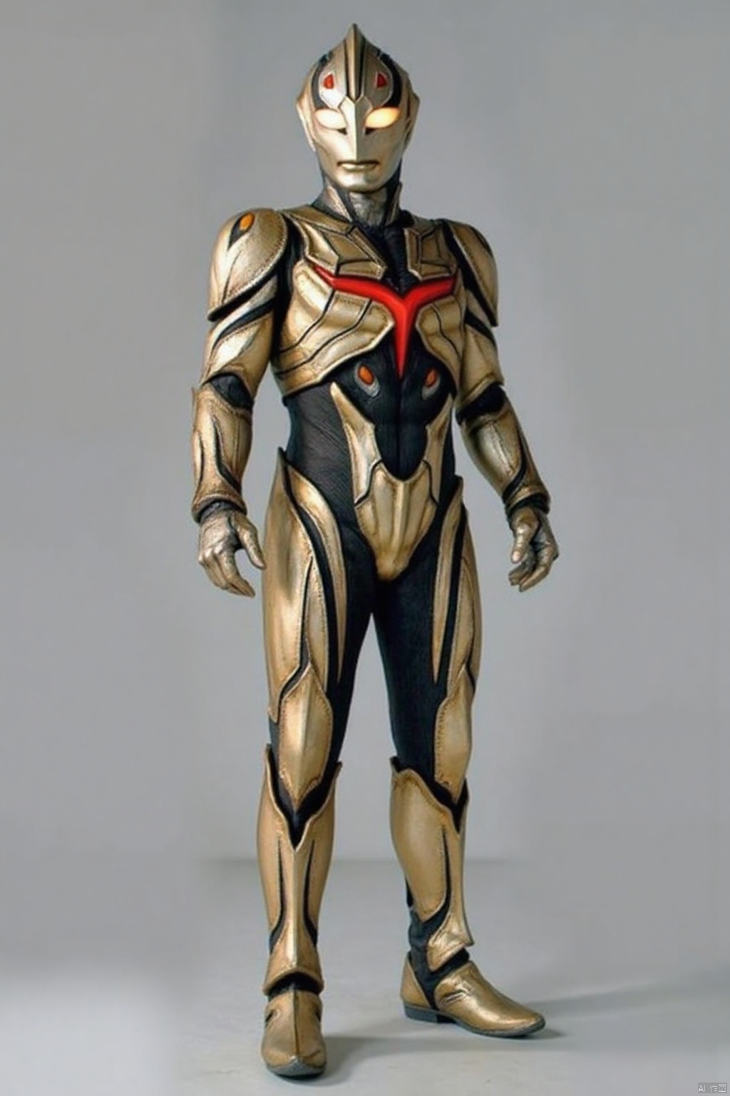 (grey background:1.2),(SOLO:1.4),outline,simple background,(((,standing,looking at viewer,arms at side))),,ultraman,golden bodysuit,golden gloves,legwear,gloves,boots,cover,mask,plugsuit,armor,bodysuit,black pattern on body,red pattern on body,golden tight-fitting,golden footwear,helmet,leather suit,latex,tokusatsu,no humans,science fiction,golden head,hard mask,no smile,no eyes,no nose,solo,golden rubber bodysuit with grey line and black line rubber bodysuit with red line,ed pattern on body