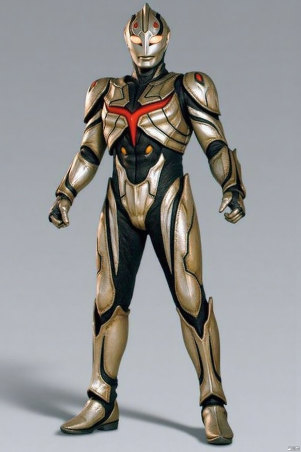 (grey background:1.2),(SOLO:1.4),outline,simple background,(((,standing,looking at viewer,arms at side))),,ultraman,golden bodysuit,golden gloves,legwear,gloves,boots,cover,mask,plugsuit,armor,bodysuit,black pattern on body,red pattern on body,golden tight-fitting,golden footwear,helmet,leather suit,latex,tokusatsu,no humans,science fiction,golden head,hard mask,no smile,no eyes,no nose,solo,golden rubber bodysuit with grey line and black line rubber bodysuit with red line,ed pattern on body