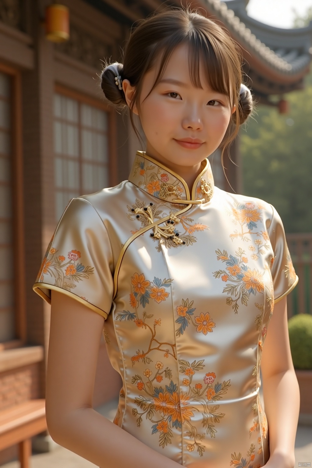 (global illumination, reality,ray tracing, HDR, unreal rendering, reasonable design, high detail, masterpiece,best quality, ultra high definition, movie lighting),
1girl,outdoor,looking_at_viewer,side_blunt_bangs,china_dress,chinese_style,big breasts,pose,solo,1girl,black hair,black eyes,  qipao, gold dress
