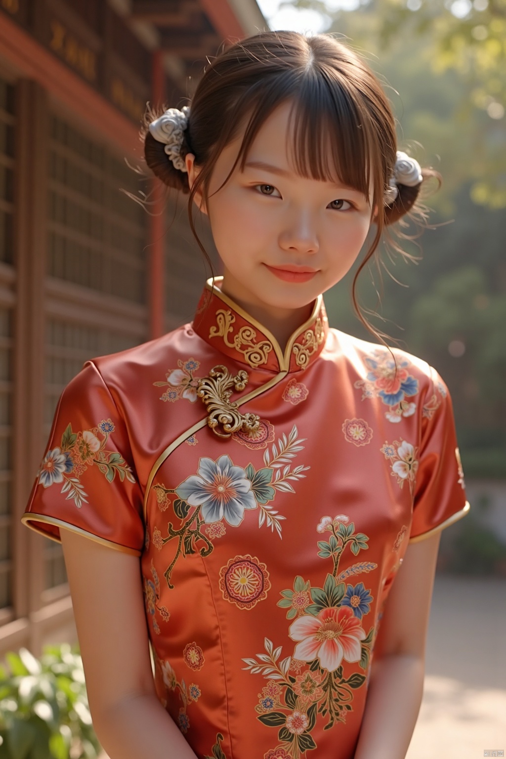 (global illumination, reality,ray tracing, HDR, unreal rendering, reasonable design, high detail, masterpiece,best quality, ultra high definition, movie lighting),
1girl,outdoor,looking_at_viewer,side_blunt_bangs,china_dress,chinese_style,big breasts,pose,solo,1girl,black hair,black eyes,  qipao, 