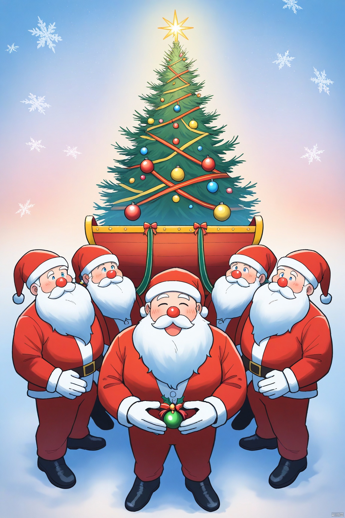 watercolor,Softly lit Christmas scene: Santa Claus, surrounded by a warm glow, stands amidst a whimsical watercolor-inspired backdrop of snowflakes and festive holly. The saintly figure, dressed in his iconic red suit, holds a delicate wooden sleigh, adorned with sparkling ornaments. A majestic Christmas tree, painted in gentle hues, rises behind him, its branches heavy with glistening baubles.