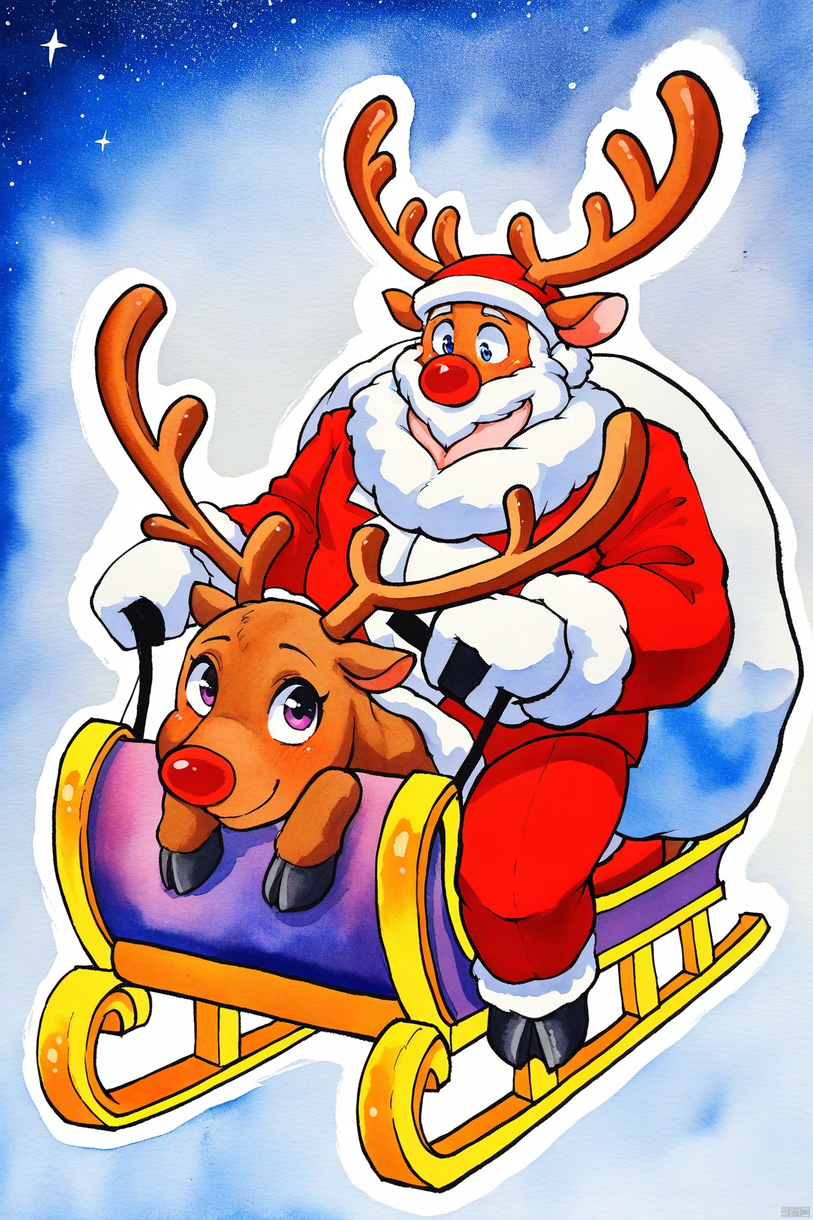 watercolor,A jolly Santa Claus, clad in his iconic red suit, rides a majestic reindeer-drawn sleigh amidst a winter wonderland. The reindeer's antlers and fur glisten with a soft, snowy sheen as they gallop across the night sky, the colorful lights of homes and buildings twinkling below.