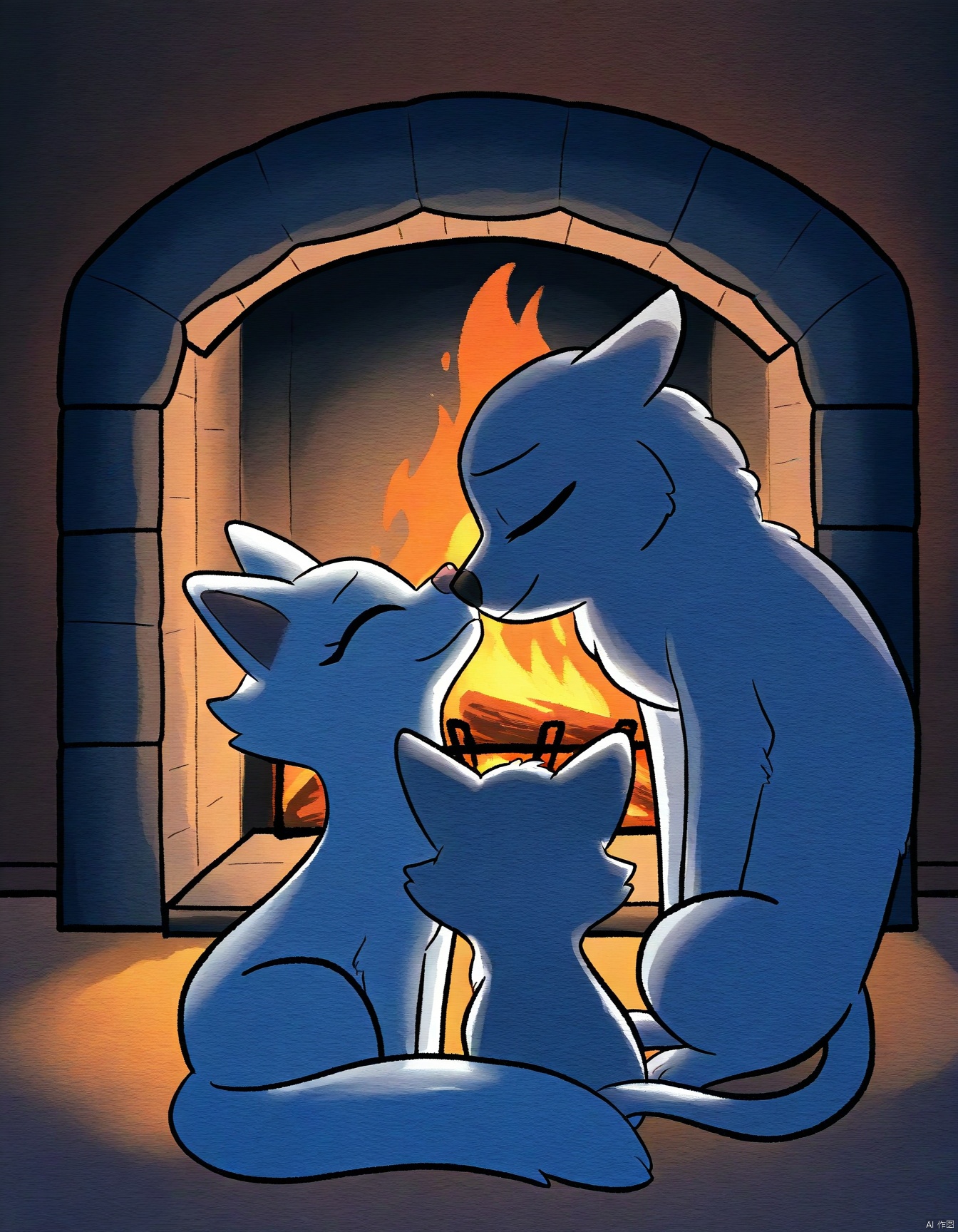 A serene watercolor scene: A family of foxes gathered around a warm fireplace, their bushy tails entwined as they bask in the golden glow. Soft candlelight illuminates their gentle faces, highlighting the tender moments shared between mother, father, and kits. The rustic wooden mantel provides a cozy backdrop, while the crackling flames cast a warm ambiance.