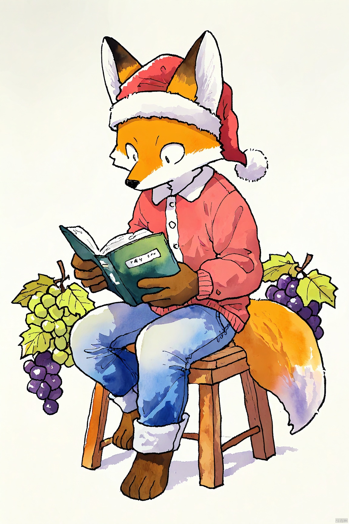 watercolor,solo, simple background, 1boy, hat, white background, holding, animal ears, tail, male focus, food, pants, book, fox ears, fruit, fox tail, leaf, denim, red headwear, furry, santa hat, holding book, jeans, blue pants, furry male, stool, grapes, fox