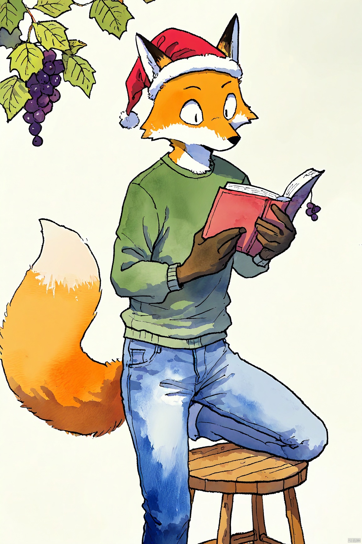 watercolor,solo, simple background, 1boy, hat, white background, holding, animal ears, tail, male focus, food, pants, book, fox ears, fruit, fox tail, leaf, denim, red headwear, furry, santa hat, holding book, jeans, blue pants, furry male, stool, grapes, fox