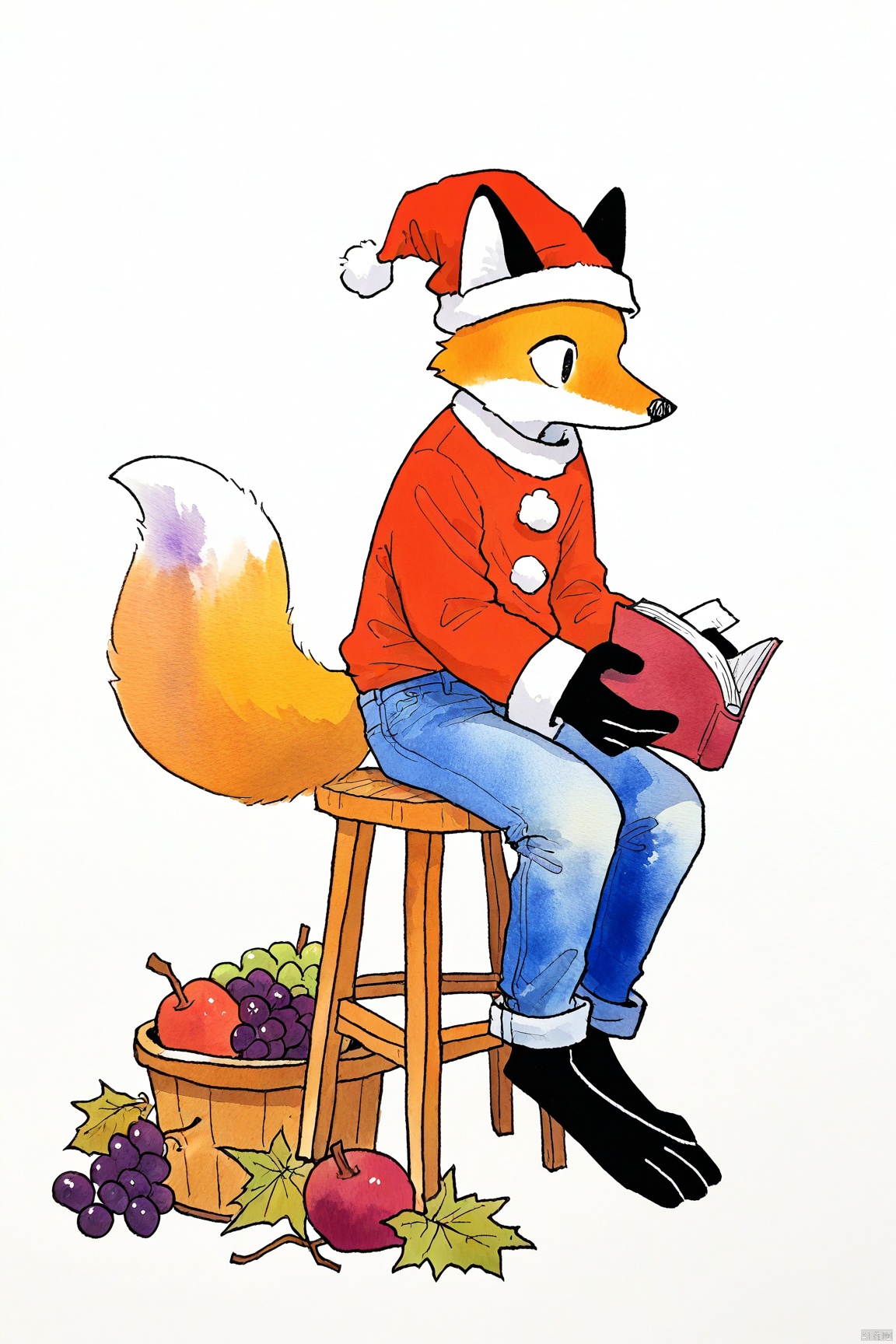 watercolor,solo, simple background, 1boy, hat, white background, holding, animal ears, tail, male focus, food, pants, book, fox ears, fruit, fox tail, leaf, denim, red headwear, furry, santa hat, holding book, jeans, blue pants, furry male, stool, grapes, fox