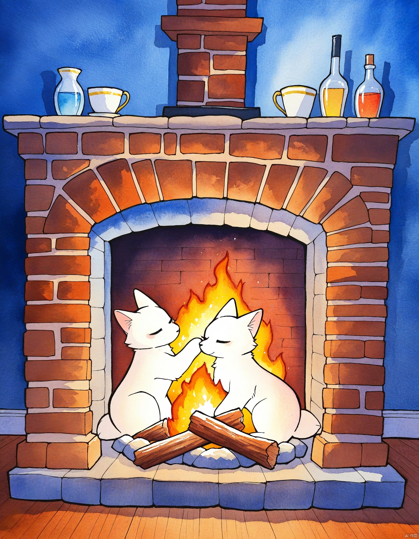Softly lit watercolor scene: a family of foxes gathers around a crackling fire in front of a stone fireplace, the warm glow illuminating their curious faces and rustling fur as they huddle together for comfort.
