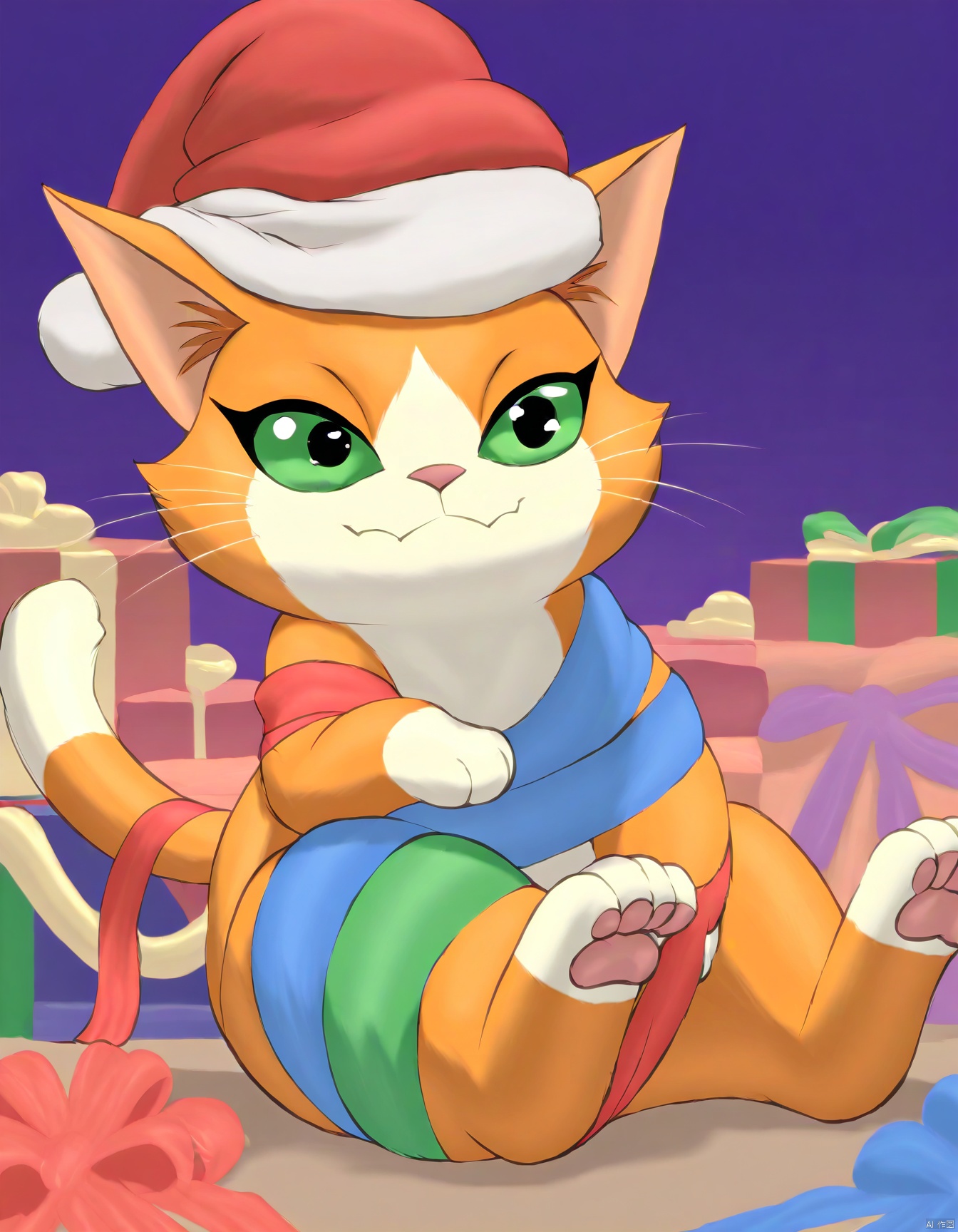 A whimsical watercolor scene features a majestic orange cat wearing a festive Santa hat, sitting atop a pile of wrapped gifts and Christmas decorations. Soft, feathery brushstrokes evoke a dreamy atmosphere as the cat's bright orange fur pops against the snowy backdrop. The Santa hat is adorned with jingling bells, adding to the playful charm.