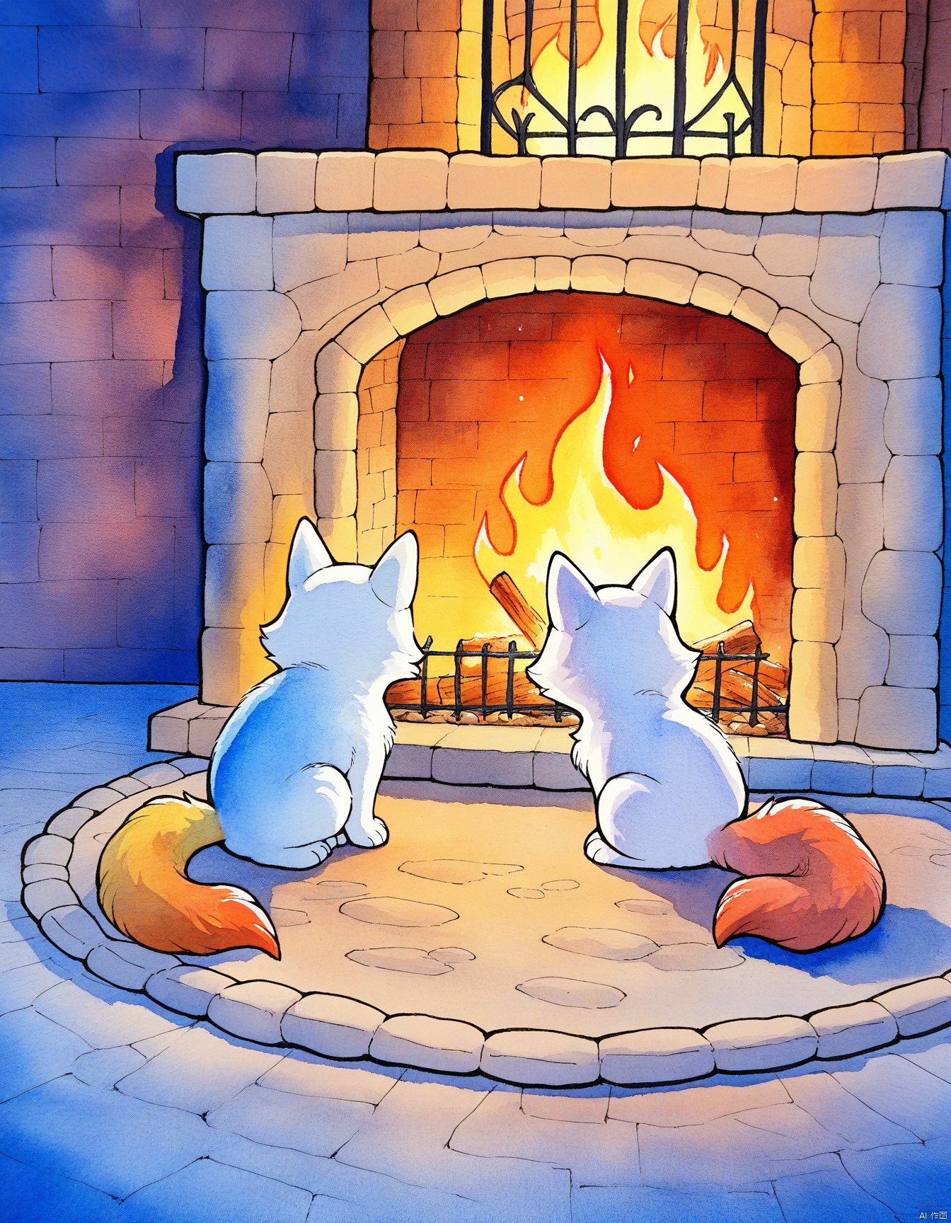 Softly lit watercolor scene: a family of foxes gathers around a crackling fire in front of a stone fireplace, the warm glow illuminating their curious faces and rustling fur as they huddle together for comfort.