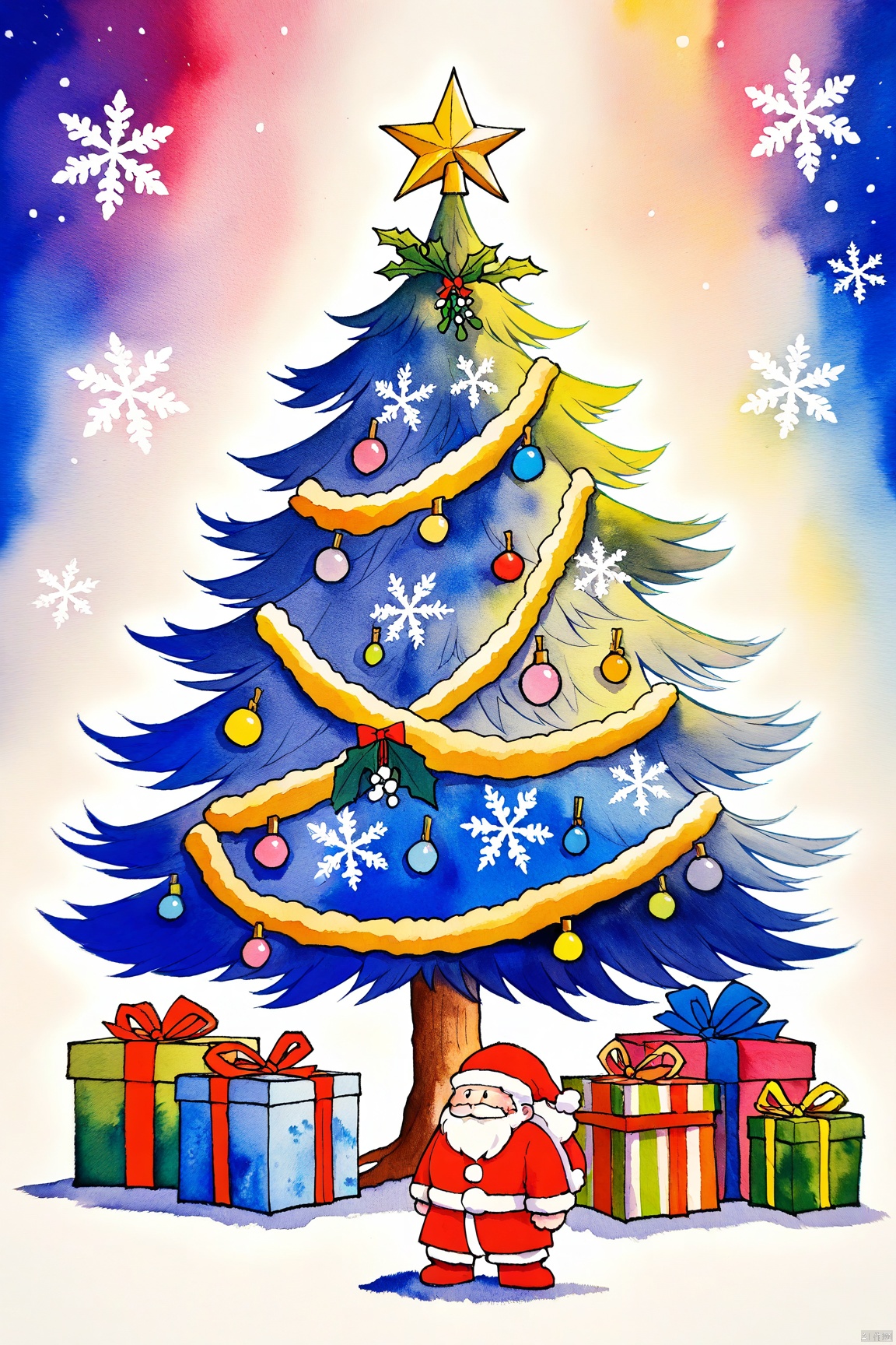 watercolor,Santa Claus standing in front of a majestic watercolor Christmas tree, its branches adorned with delicate ornaments and twinkling lights. Soft, feathery snowflakes gently fall onto Santa's red coat and hat as he holds a gift-wrapped box, surrounded by festive holly and mistletoe., colorful