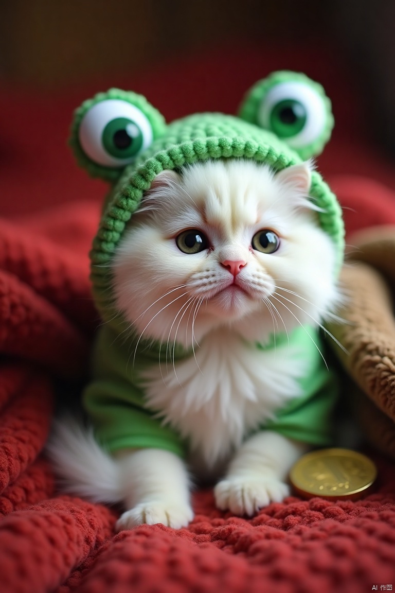 zhuangshi,cat,Cat Clothes,IMG_1045,HEIC of a photo,
a white fluffy cat with black eyes and a pink nose sits in a green frog hat. The frog hat is adorned with two green eyes and two white ears. The cat's eyes are tinted black, while the frog's ears are pointed downward. To the right of the cat's head is a brown blanket, and to the right is a gold coin. The background is blurred, with a red blanket draped over the cat.

